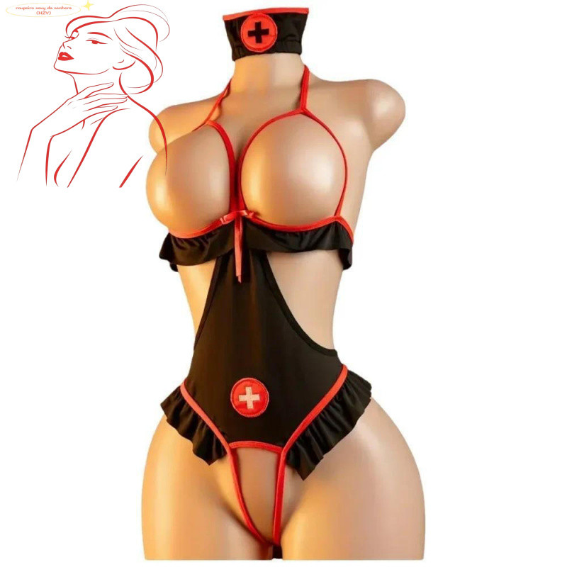Fantasia de Enfermeira para Festa, Cosplay, Bodysuit Sexy, Lingerie Feminina com Recortes, Atrevida UENO