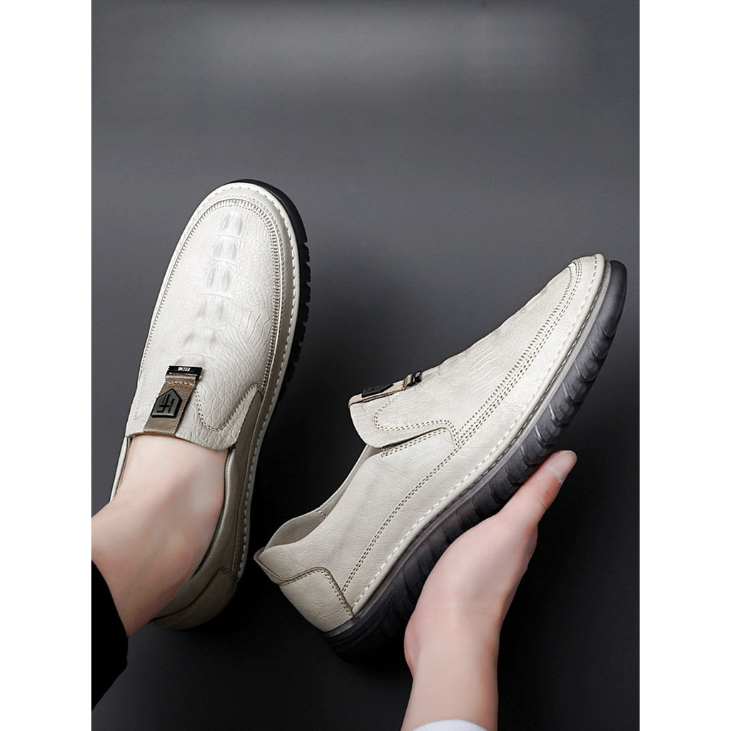 Sapatos masculinos com sola de tendão de carne branca, resistente ao desgaste, sola macia, couro genuíno, sapatos casuai