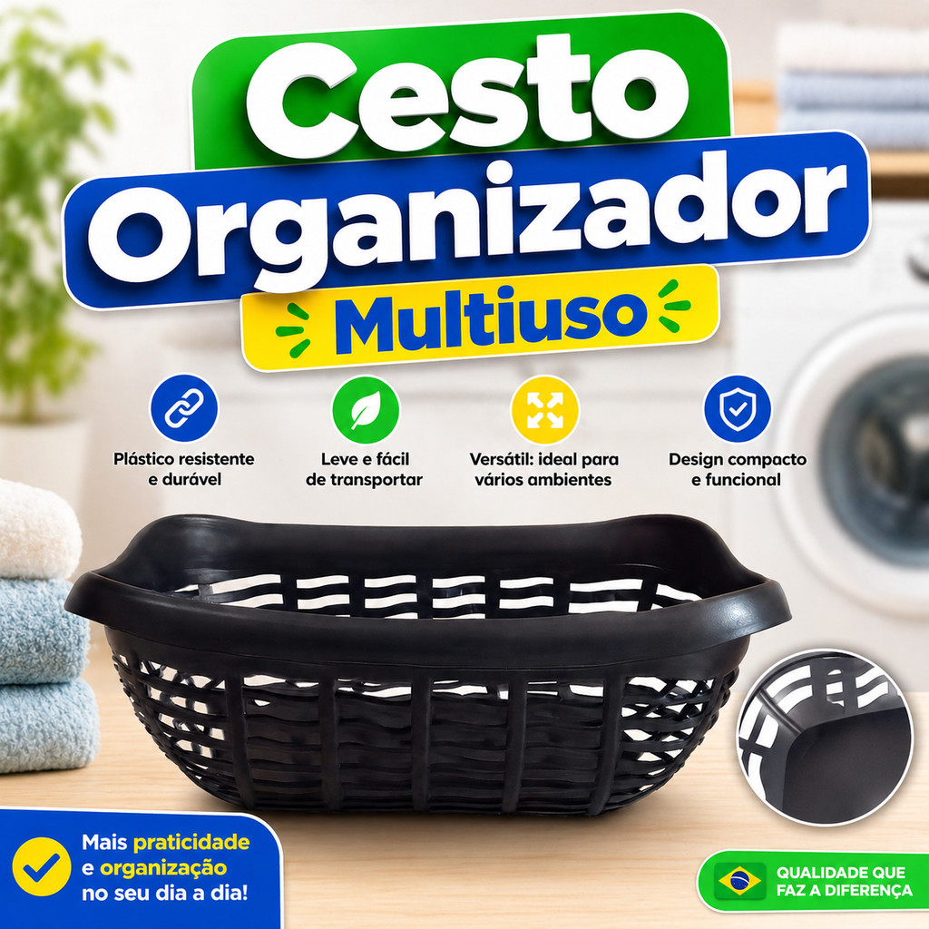 Cesto Organizador Multiuso Plástico Resistente Compacto Empilhável Armário Cozinha Escritório Casa