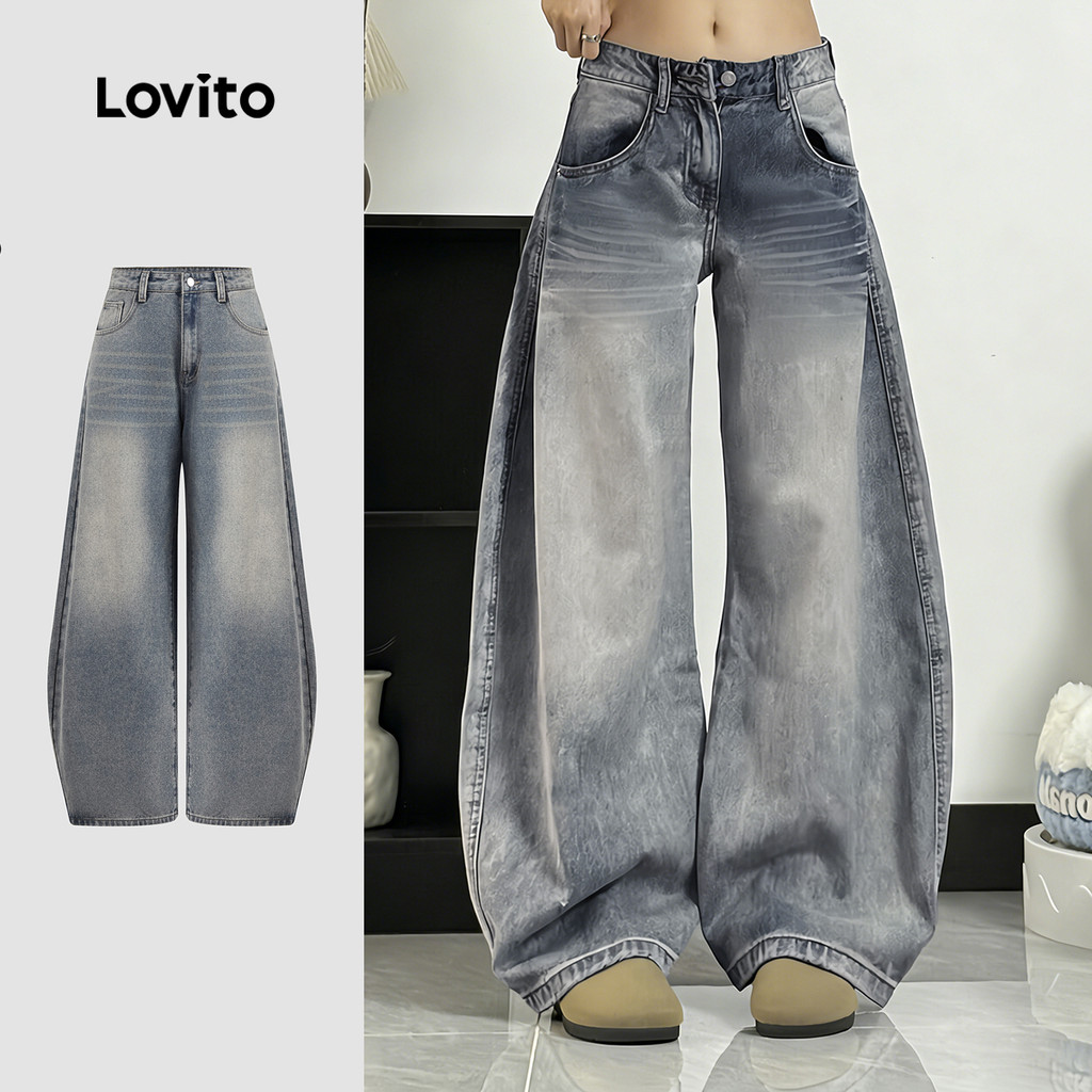 Lovito Jeans Casual Lavados com Bolso Botão Primavera/verão Calça Azul para Mulh