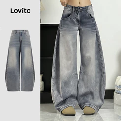 Lovito Jeans Casual Baggy Lavados com Bolso Botão Primavera/verão Calça Azul para Mulheres L185AD151