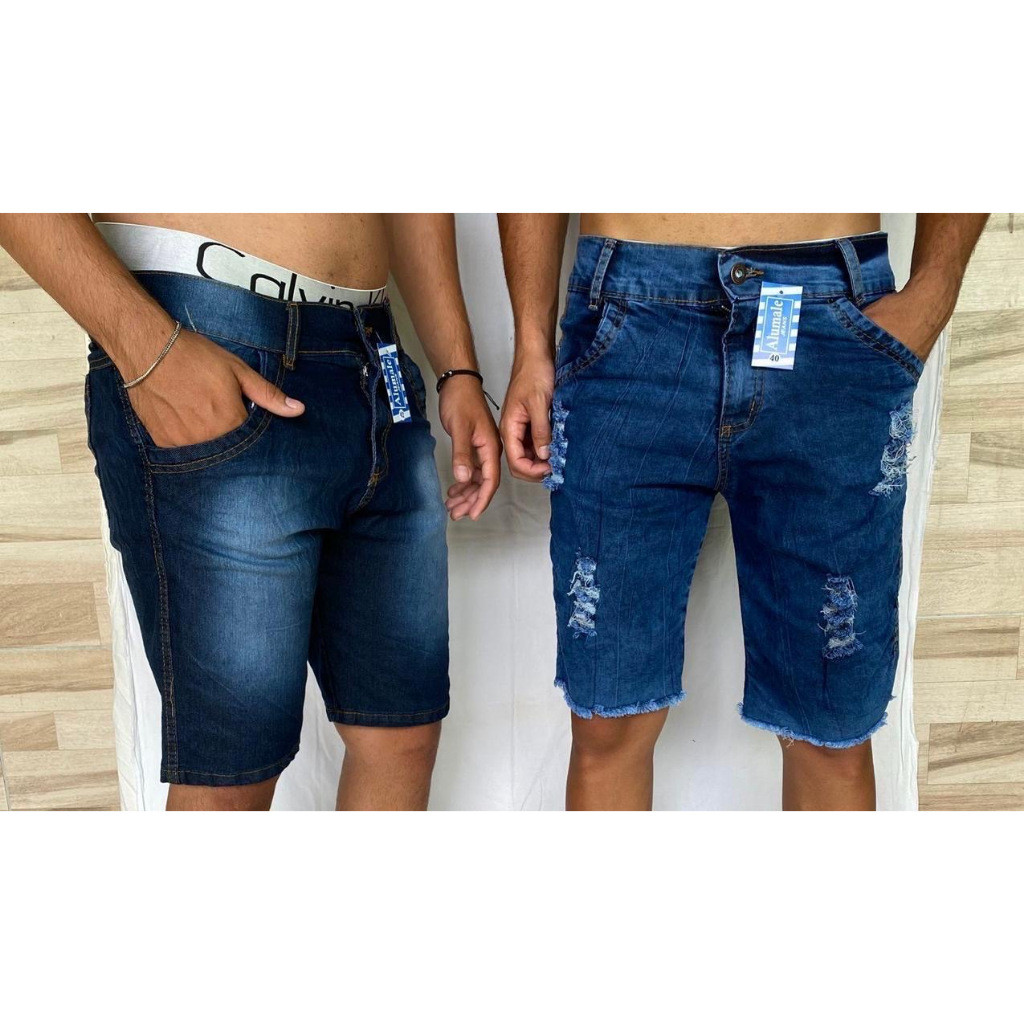 KIT 3 BERMUDAS MASCULINAS JEANS COM ELASTANO, DESTROYED, SKY, PRA REVENDA.