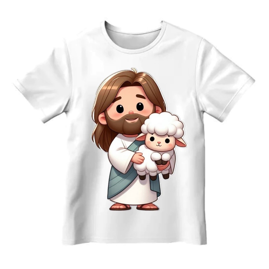 Camiseta Infantil Estampada Jesus Ovelha Divertida Menino Menina 100% Algodão Confortável Dia a Dia Estilosa Escolar
