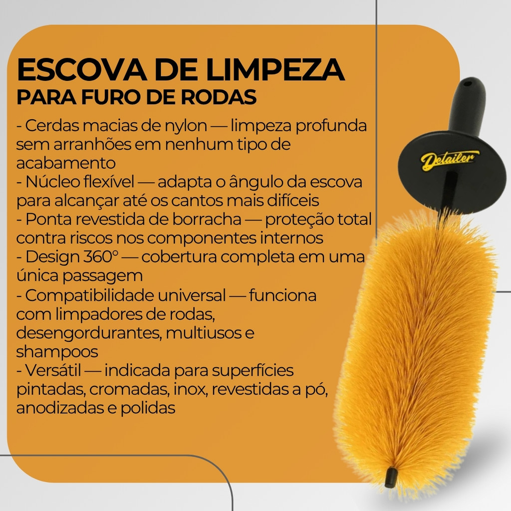 Escova Limpeza Furo de Rodas Detailer Nylon Flexível 360° Pinça Freio Aro Sem Arranhar - E01