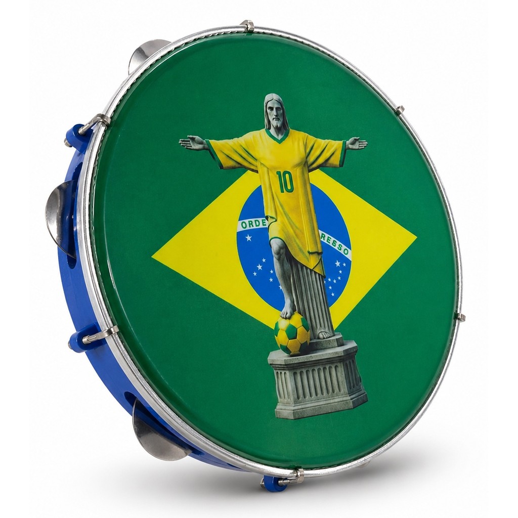 Pandeiro Profissional 10 ABS Pele Leitosa Tema Copa Brasil Cristo Futebol Azul