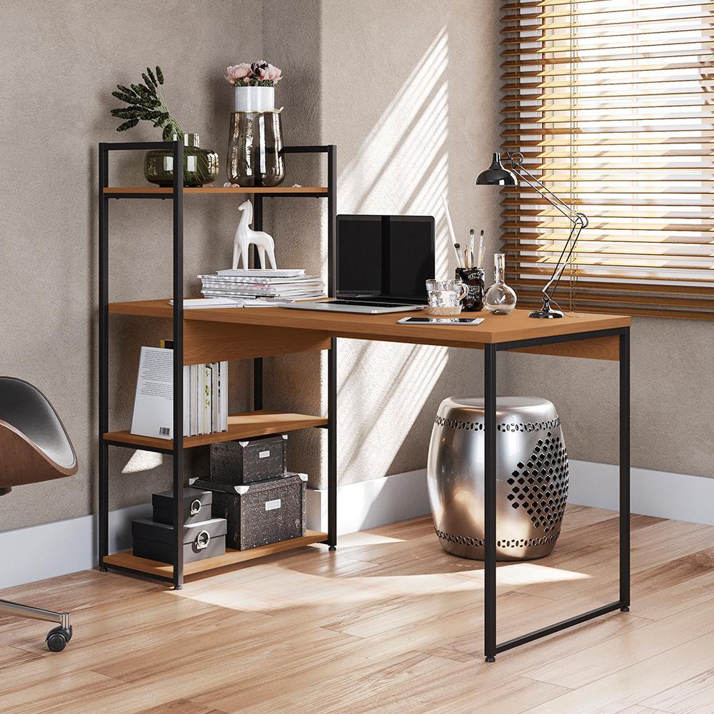 Mesa De Escritório Kappesberg Industrial 3 Prateleiras Canela/Preto fosco 136cm