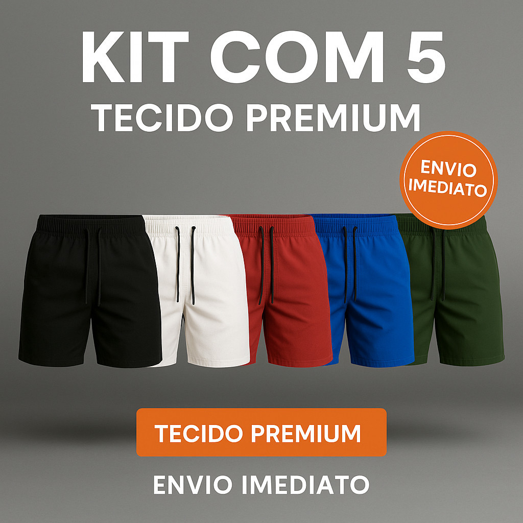 Kit Com 5 Short Liso Esportivo Bermuda Praia e Banho Tactel Premium Praia Academia Corrida e Treino