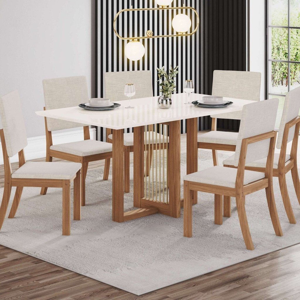 Conjunto Sala Jantar Canto Reto 6 Cadeiras Kelly Espresso Móveis Off White/Nature Nature/Off White