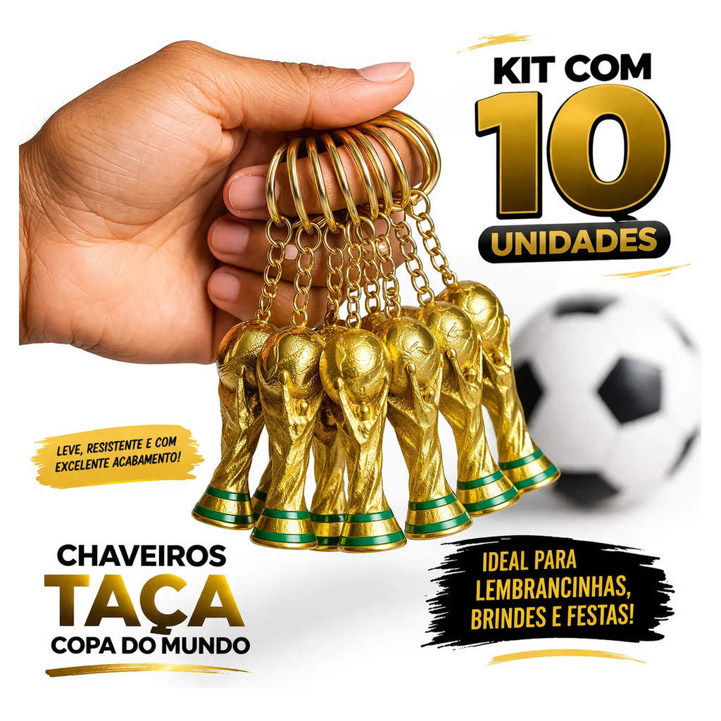 Kit 10 Chaveiros Troféu Taça Copa Do Mundo Dourada Miniatura