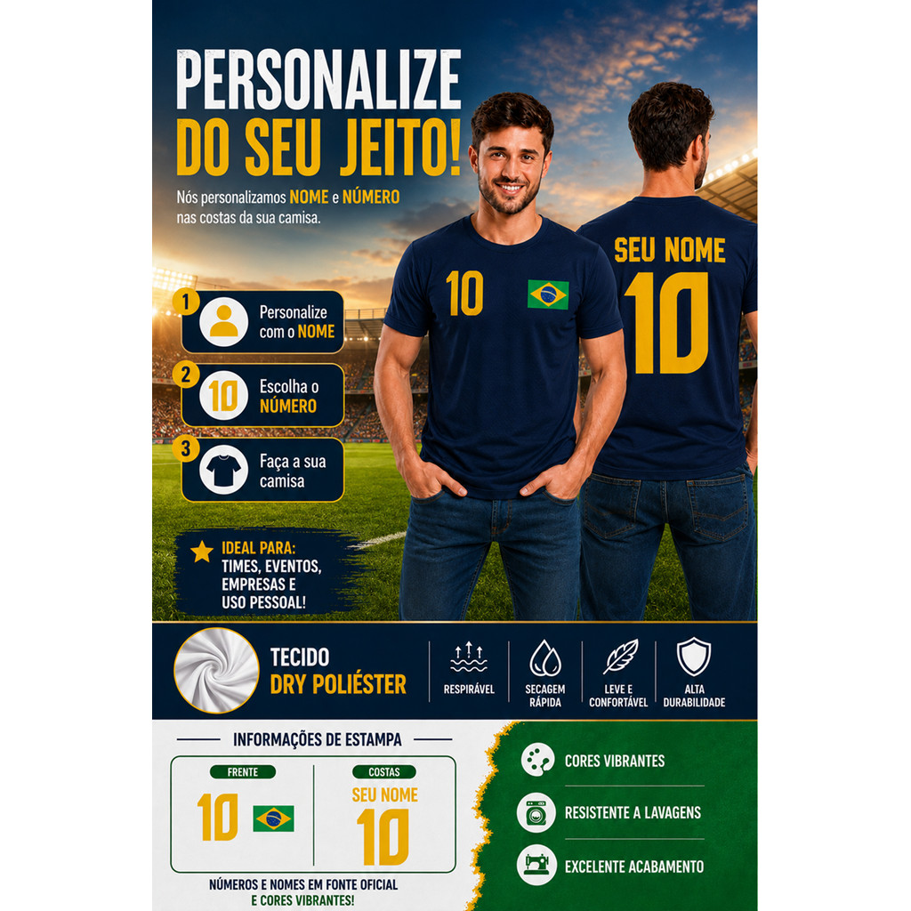 Camiseta do Brasil Personalizada Nome e Número Masculina Azul Marinho Estampa DTF Poliéster
