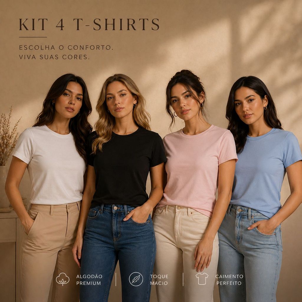 Kit 4 T-shirt Lisa Peruana 40.1 Cotton Pima Sem Estampa Feminina Baby Look Tee Camisa Unissex Blusinha Colorida Candy