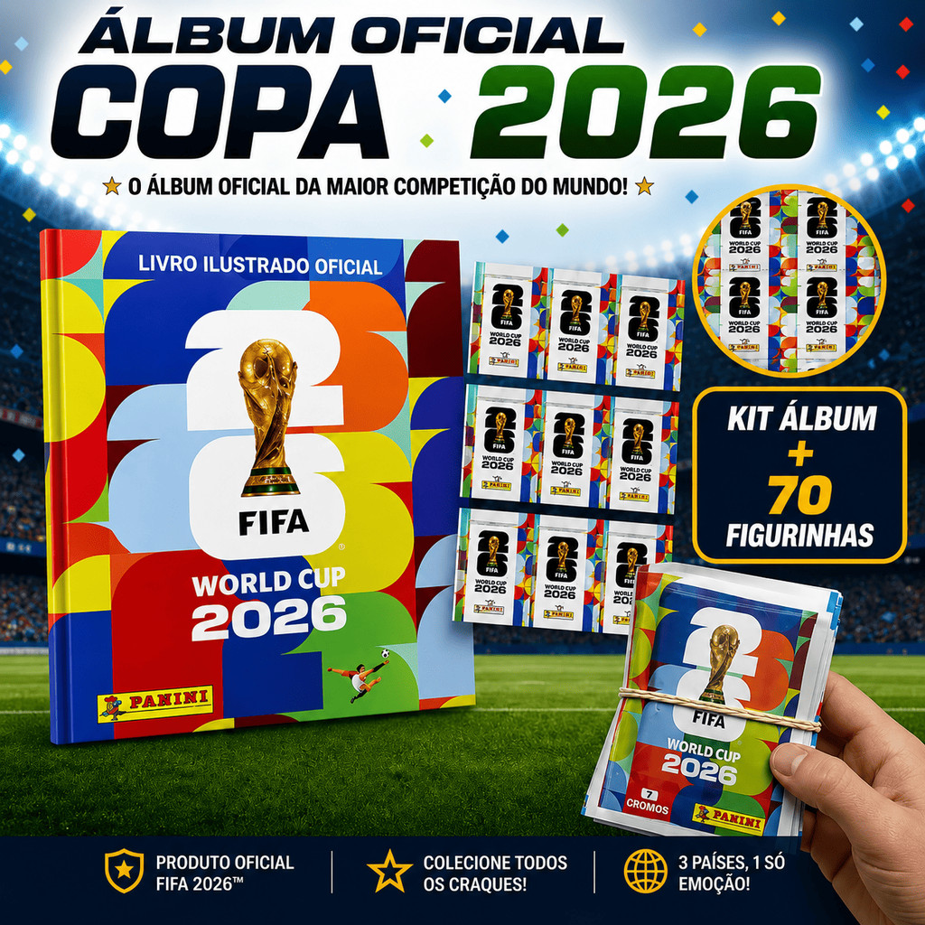 Album Oficial Copa do Mundo 2026 + 70 Figurinhas (10 Pacotes) Capa Mole Jogadores Colecionáveis