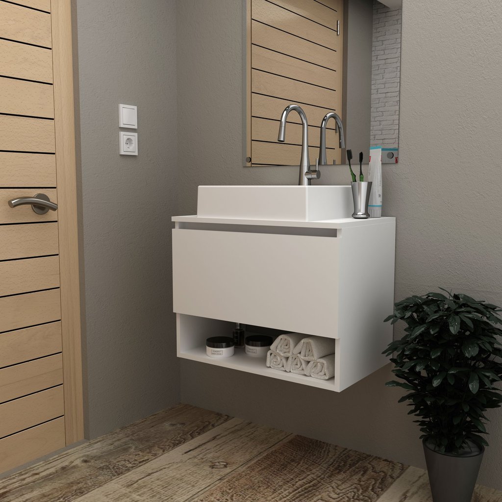 Balcão Gabinete Suspenso para Banheiro 60cm com 1 Porta e Nicho BN3606 Branco Branco