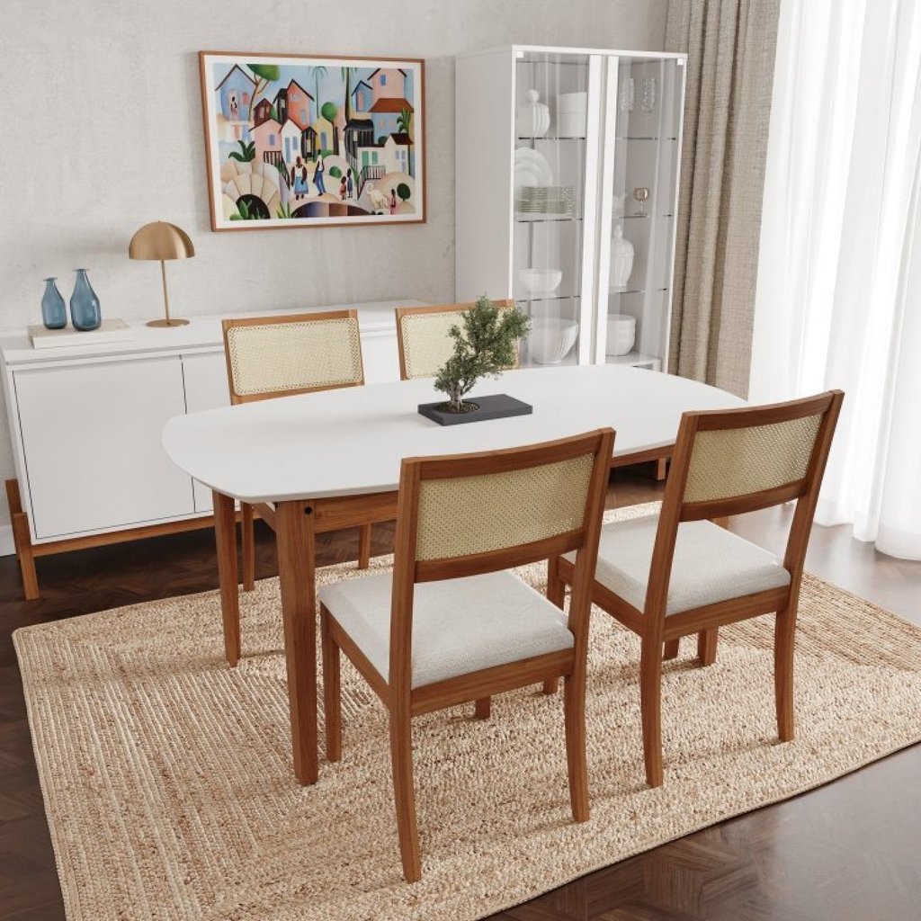 Conjunto Mesa de Jantar Tampo MDF 1,60m e 4 Cadeiras Tiê CabeCasa MadeiraOriginals Amêndoa/Bege claro