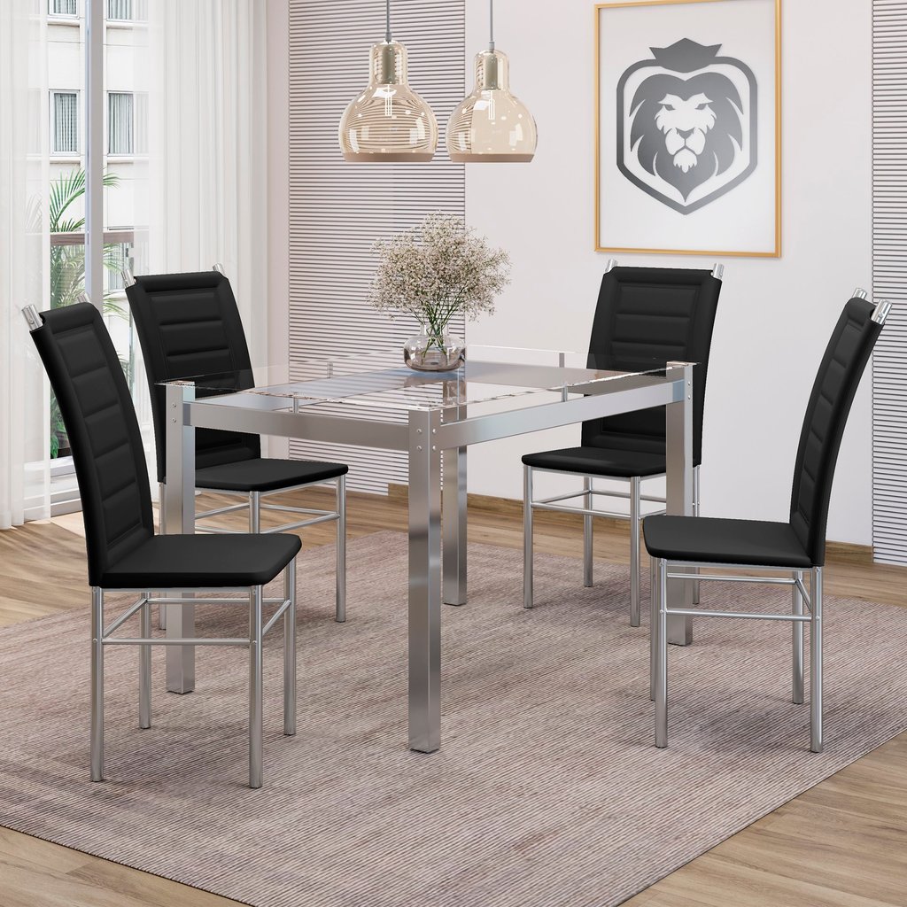 Conjunto Sala de Jantar 4 Cadeiras Retangular Vidro Cromado/Preto Tokio Cromado/Preto