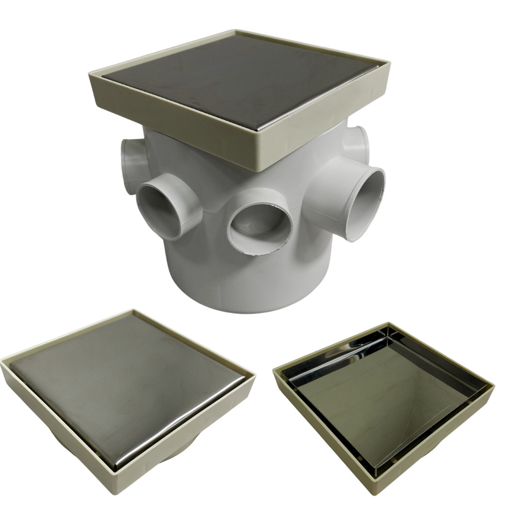 Ralo Banheiro Inteligente 15x15 modelo 2 em 1 Inox Invisível Base Plástica Bege + Caixa Sifonada 150mm