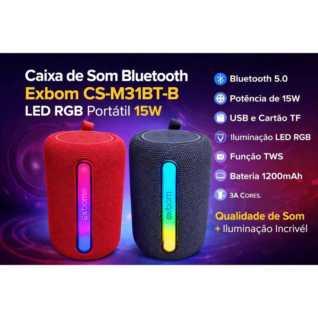 Caixa de Som Bluetooth com LED RGB 15W TWS USB TF FM Portátil