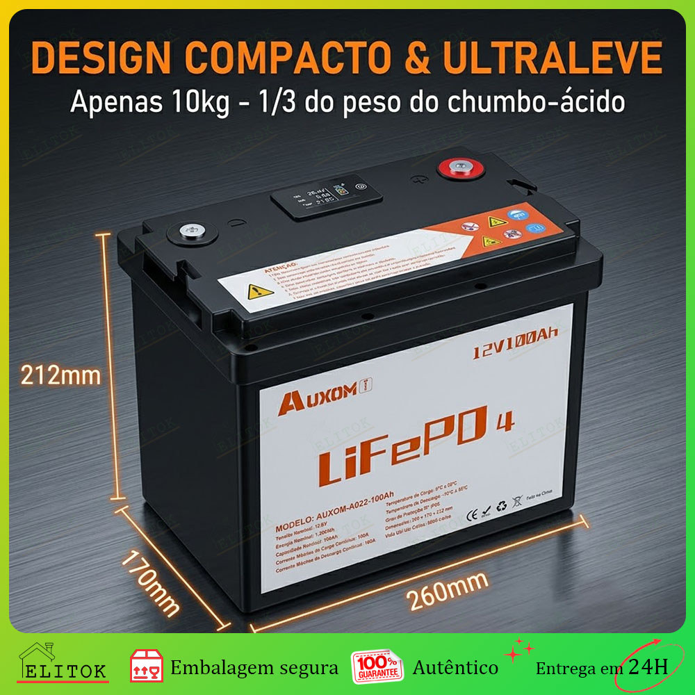 Bateria LiFePO4 (Fosfato de Ferro-Lítio) 12.8V 100Ah 1280Wh BMS 100AM onitor LCD IP65