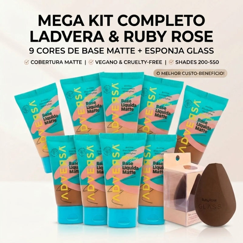 Base Líquida Matte Adversa Vegana | Esponja Ruby Rose HB-S06 - Opção Unitária ou Kit Completo