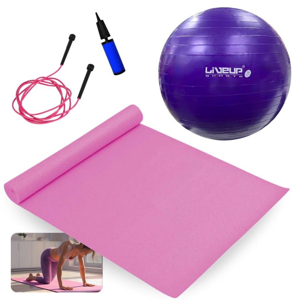 Kit Bola Suíça 55cm + Colchonete Rosa + Corda + Inflador Treino em Casa Pilates, Funcional