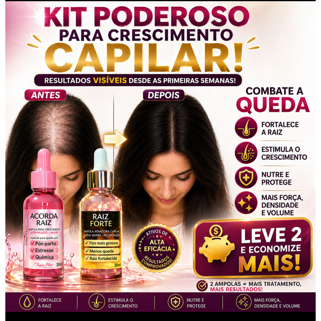 KIT Ampola para Crescimento e Queda Capilar Acorda Raiz + Raiz Forte Fios Fortes Toque Hair