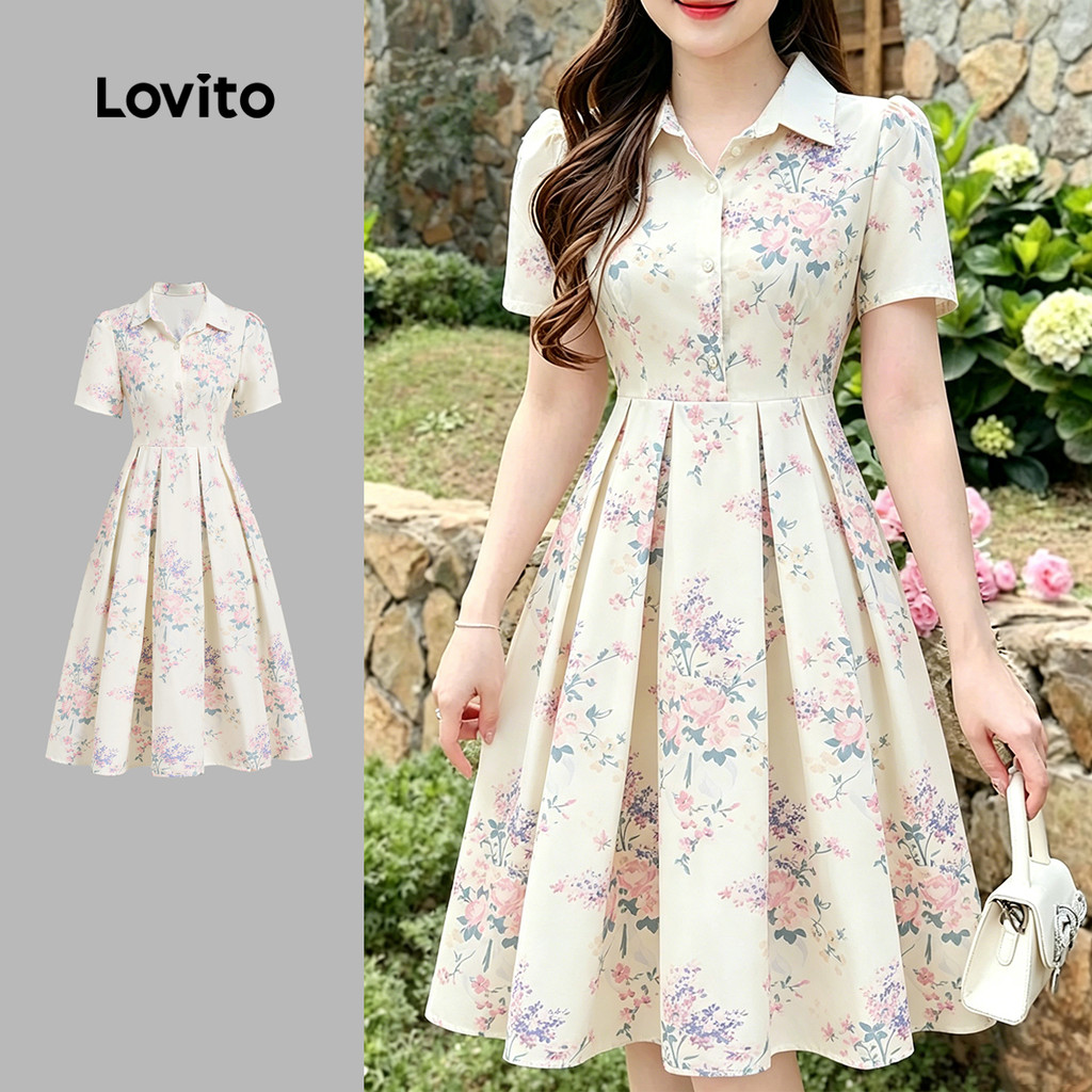 Lovito Elegante Vestido Floral Botões Frontais Zíper Pregas Primavera/verão Perf