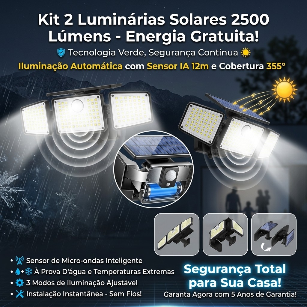 Kit 2 Luminária Solar Parede 2500 Lúmens Sensor Presença 355º À Prova D'água Refletor LED Externo