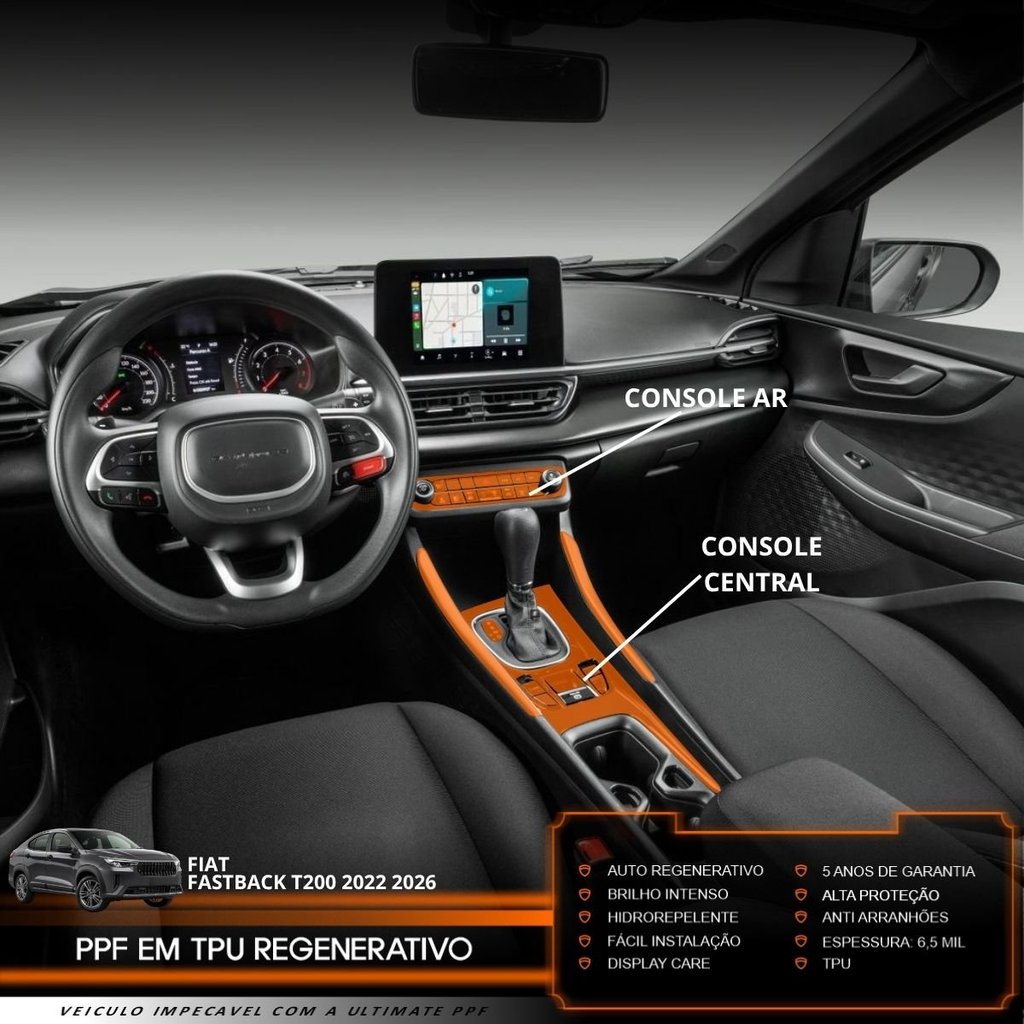 Película PPF Proteção Kit Console Central Console Ar Fiat Fastback T200 2022 2023 2024 2025 2026 Transparente TPU