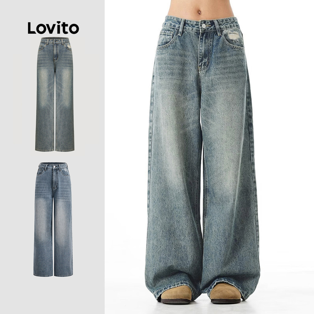 Lovito Jeans Casuais Jeans Lisos Rasgados Para Mulheres L114AD862