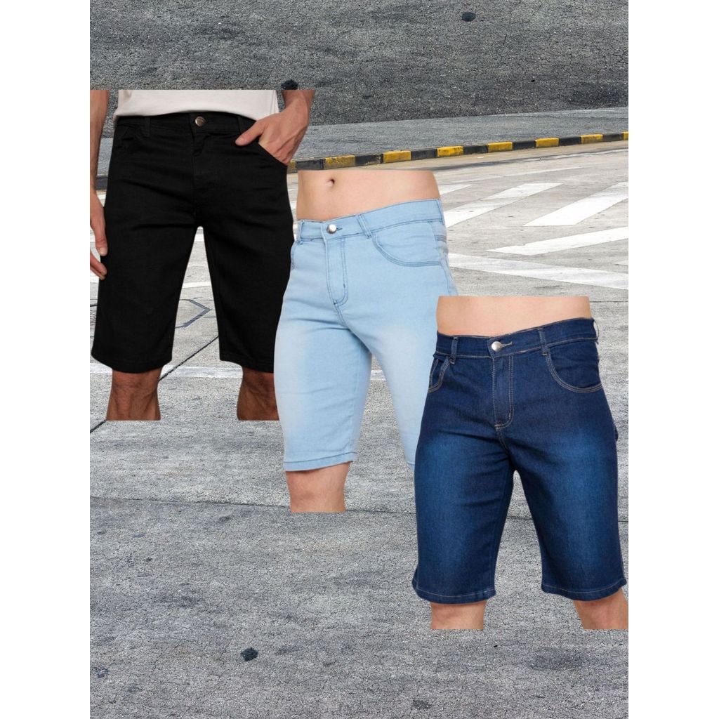 Kit 3 Bermuda Jeans Shorts Cor Preto Claro Escuro Medio Masculinos Alta Qualidade Com Elastano Sport Loja de Fábrica