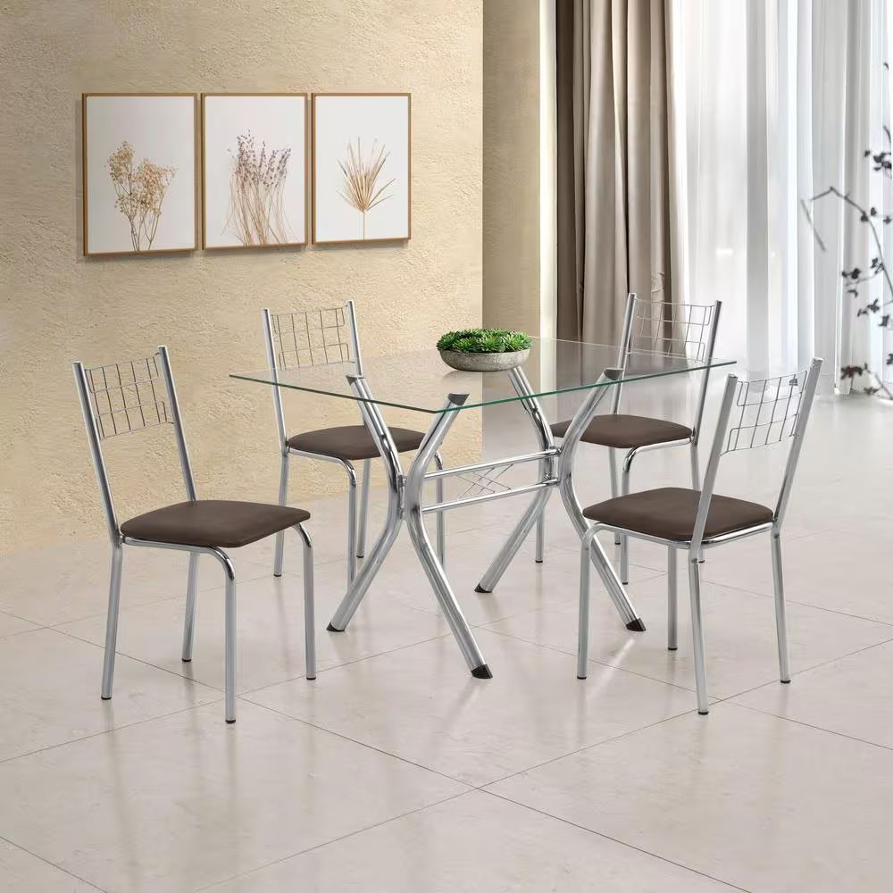 Conjunto Sala de Jantar Mesa Montana Tampo de Vidro 120x80cm e 4 Cadeiras Íris Aço Cromado Aço Nobre