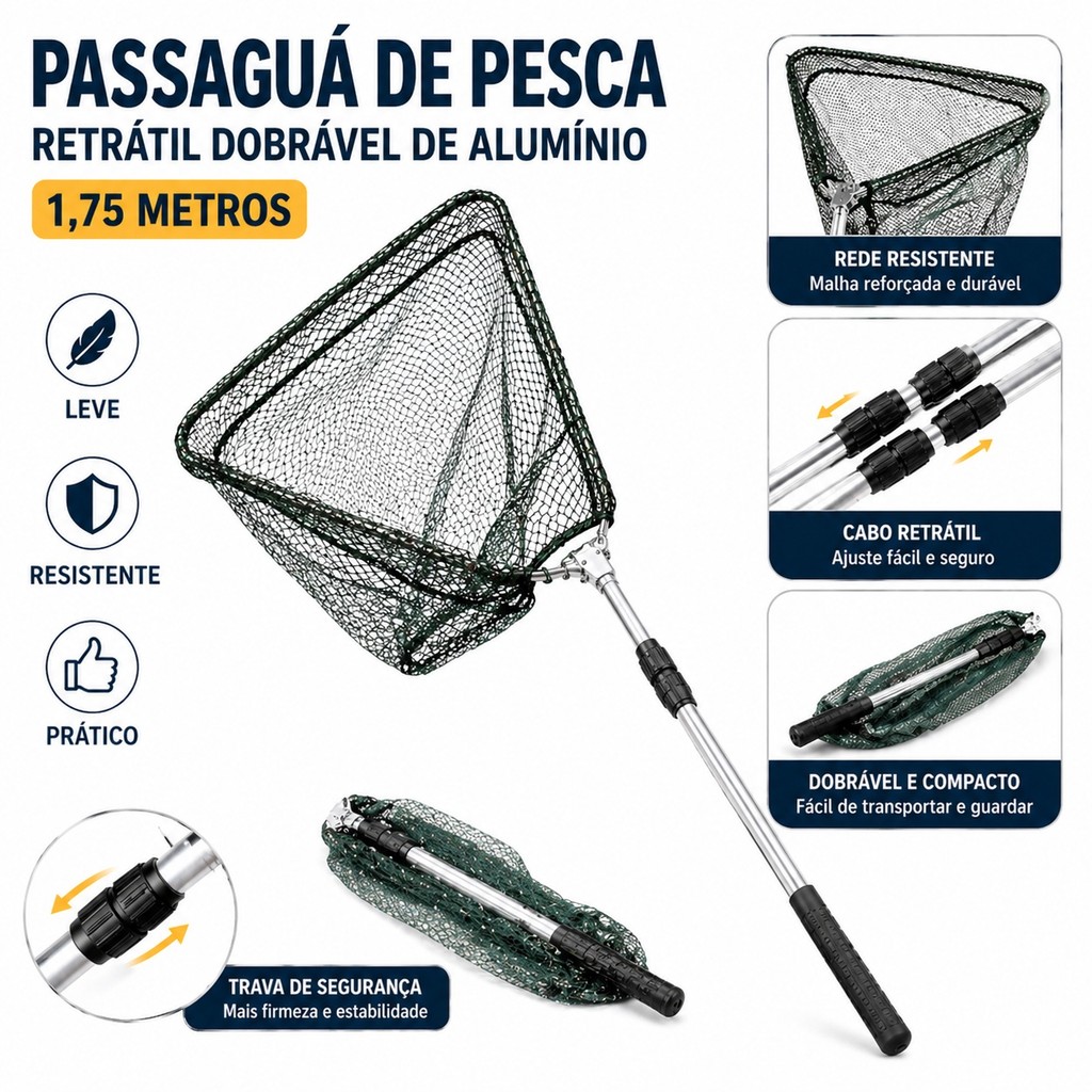 Passaguá de Pesca Telescópico 1,75m em Alumínio Retrátil Dobrável – Leve, Resistente e Portátil
