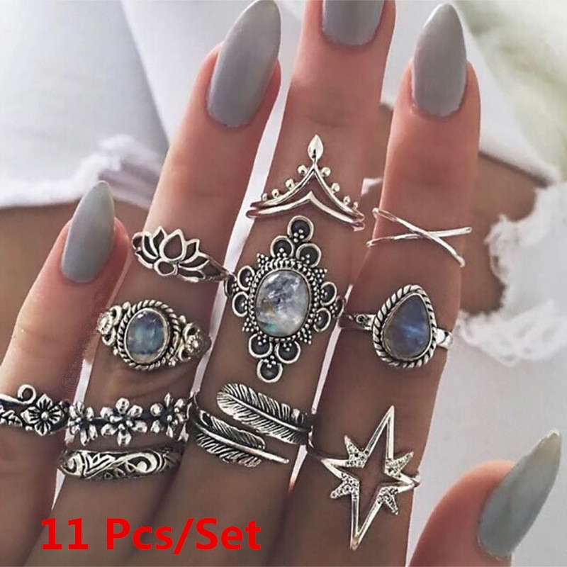 11 Pcs/set Boho Vintage Flower Leaf Knuckle Midi Ring Sets for Woman Rings Stone Anillos Fashion Statement Jewelry