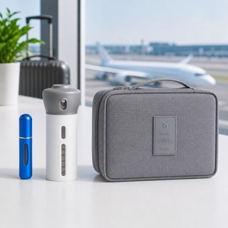 Kit Viagem Completo Necessaire Impermeável + Frasco Spray Perfume Recarregável + Dispenser Portátil 4 em 1 Shampoo Sabon