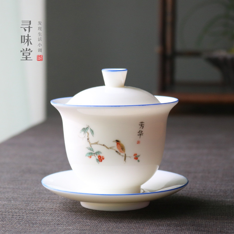 Tigela de cobertura de porcelana Fanghua Lanolina Jade | High-End elegante Dehua porcelana branca linha azul Sancai tige