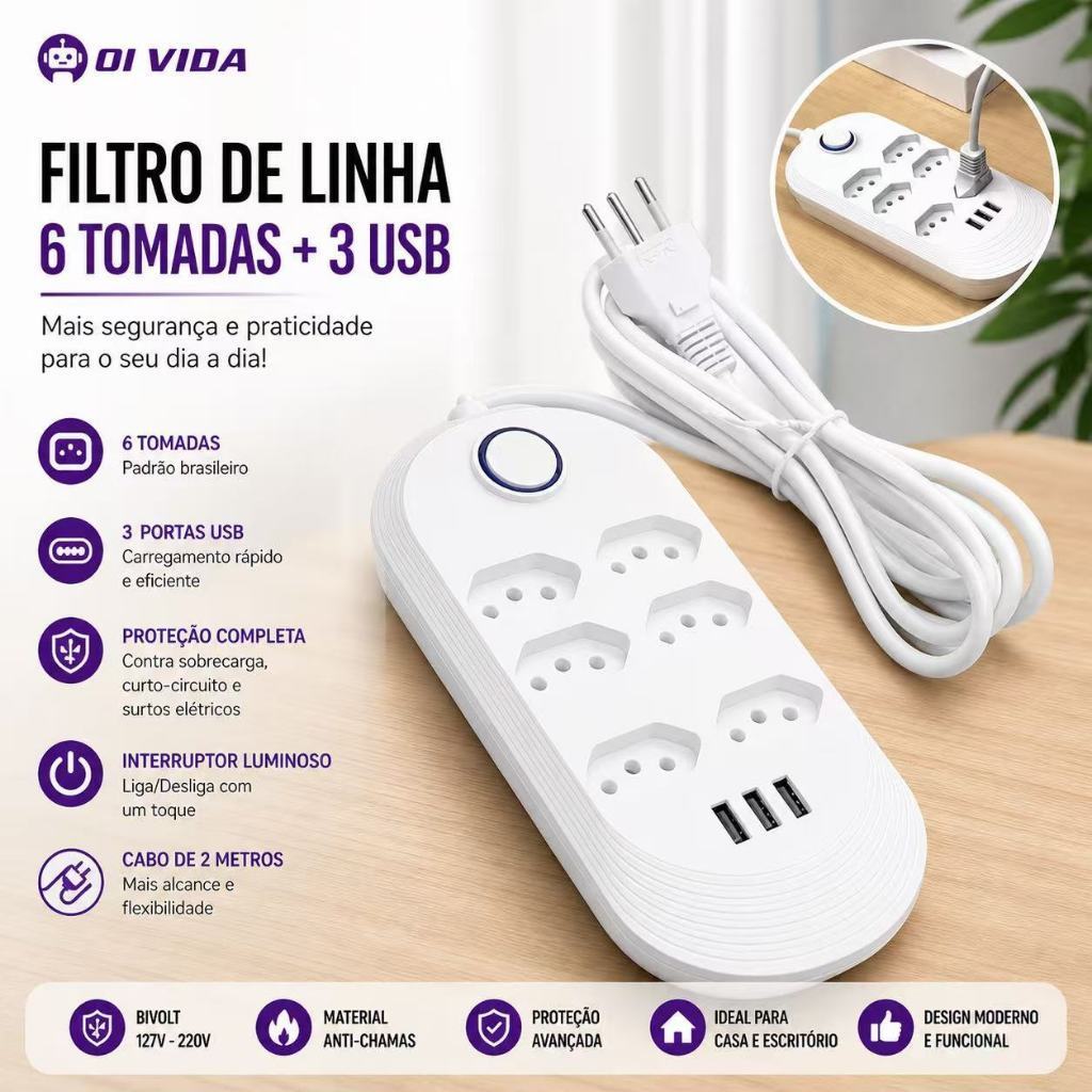 Extensão Tomadas com USB e TypeC Universal Bivolt 110v/220v 2500W Power 2m Filtro De Linha Segurança