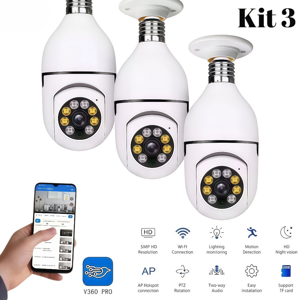 Kit 3 Câmera Lâmpada WiFi 360 ° Visão Noturna 24h Monitoramento V360 Pro APP 360 De Infravermelha De Segurança Wi-Fi