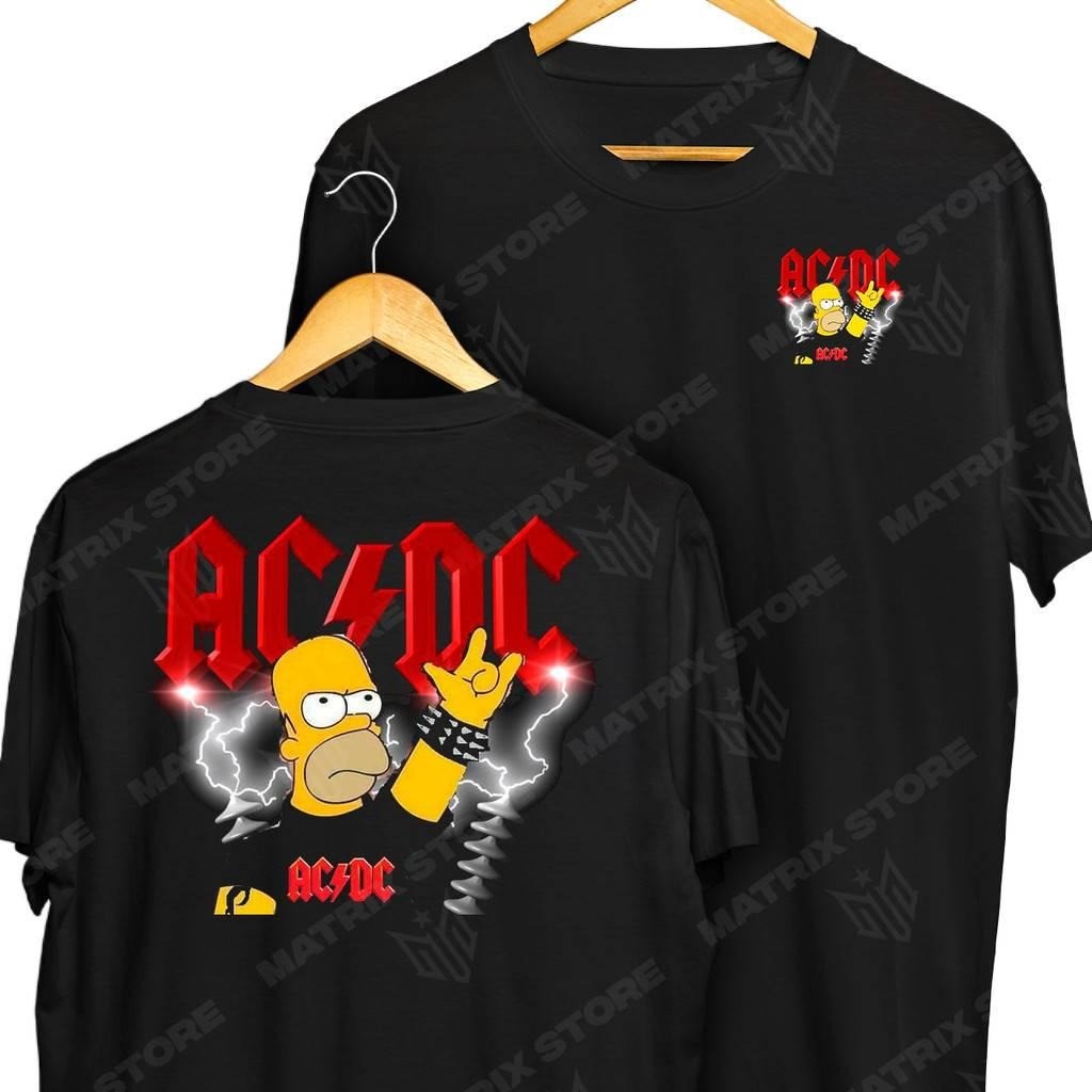 [Camiseta Premium em Algodão Puro]VU Frente e Verso Banda ACDC Homer Simpson Rock & Roll Camisa de Banda de Rock