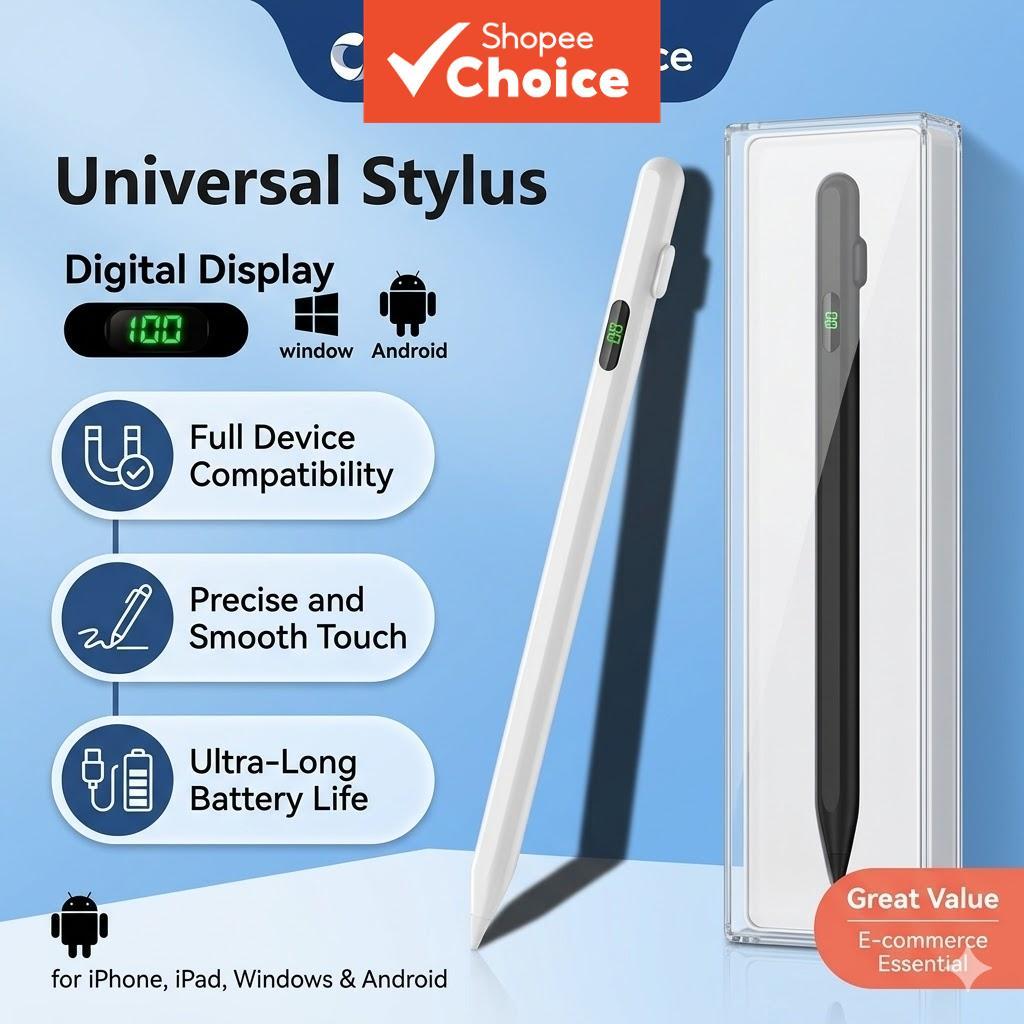 Caneta Stylus Universal com Visor Digital de Bateria para iPad 2018-2024, para Android Tablet e Celular, Caneta Digital