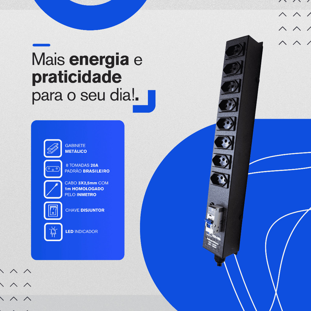 Filtro Linha Régua 8 Tomadas Disjuntor 20a Cabo Cobre Extensão Energia MVolts 3x2,5mm