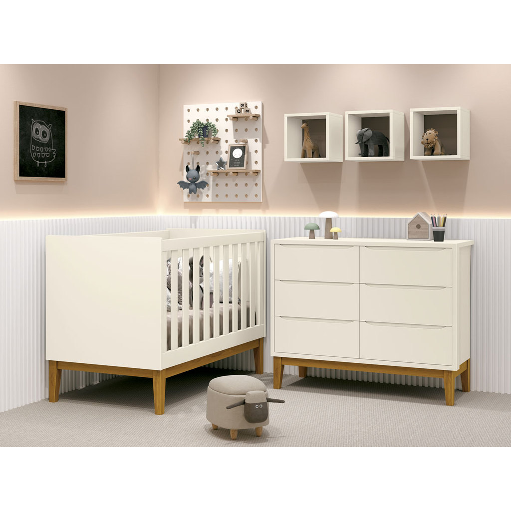 Jogo de Quarto para Bebê berço comoda e nicho Moderno com 6 Portas Classic areia com Madeira