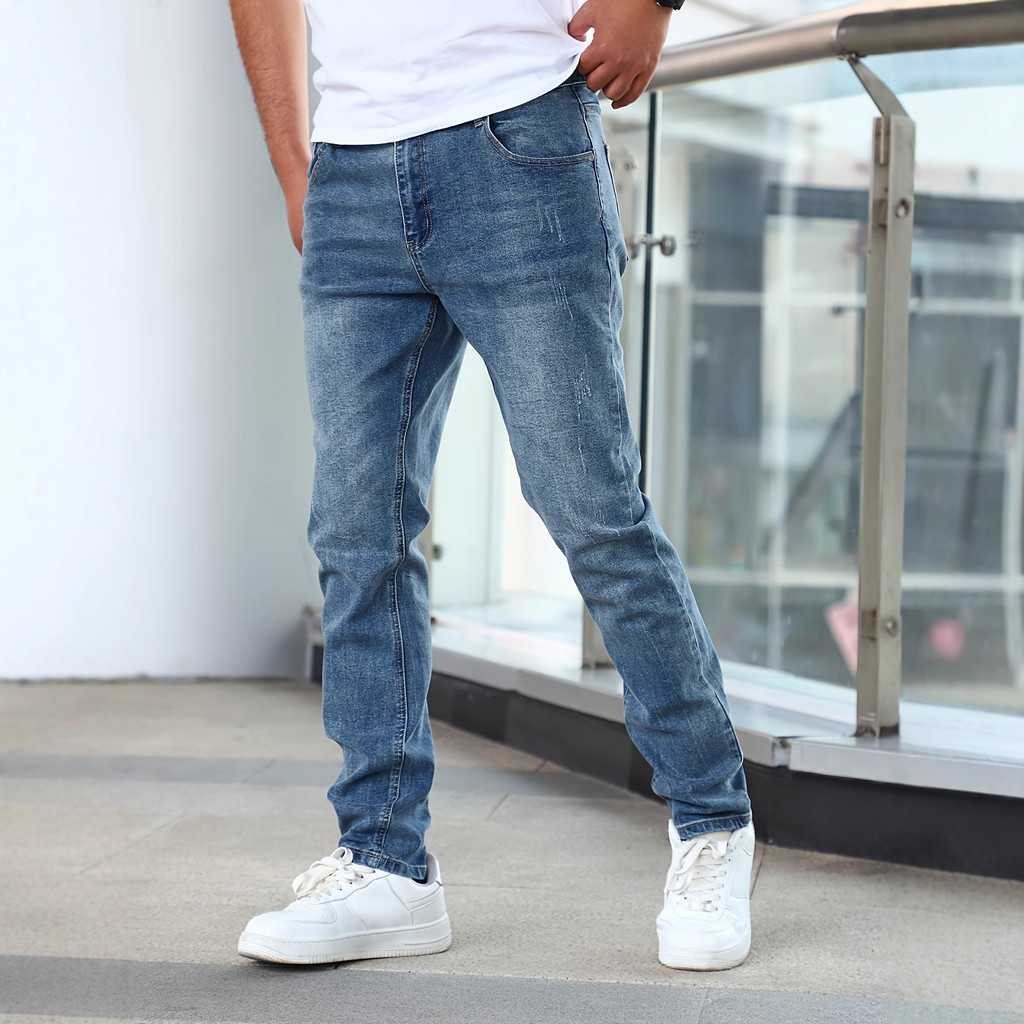 Calças Jeans Skinny Masculinas de Denim Elástico, Corte Slim, Azul, Casual, Calças Stretch