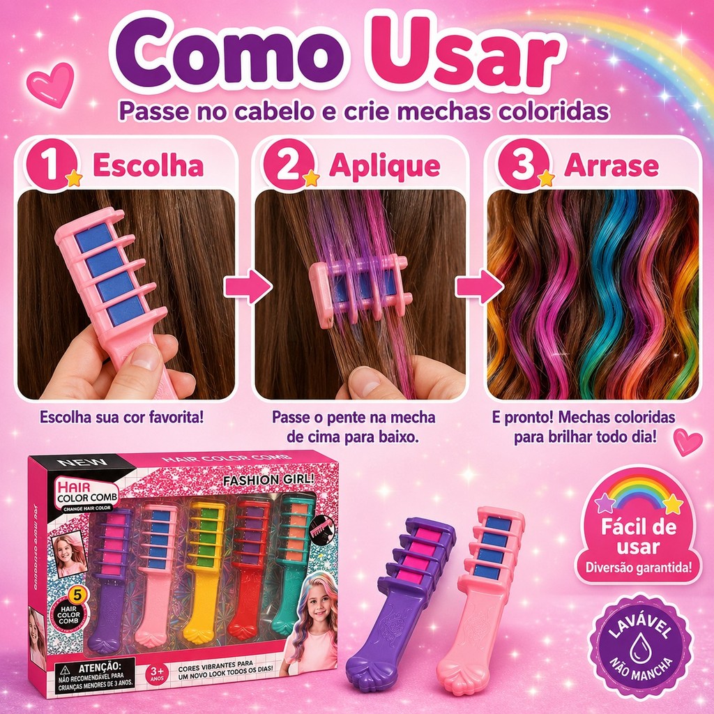 Kit 5 Pente Colorido Giz De Cabelo Com 06 Cores Temporárias Para Festas Criativo — imagem 2 de 2