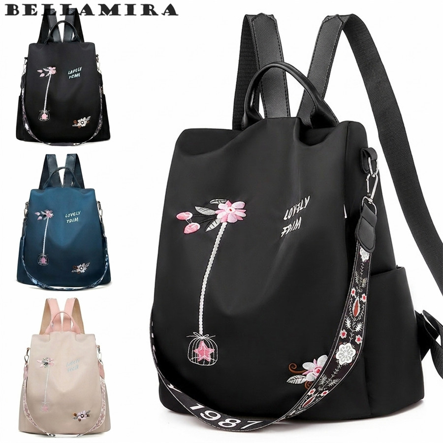 Mochila Feminina Nylon Bolsa De Ombro À Prova D'Água Anti-Roubo Bolsa Bordado Design - M