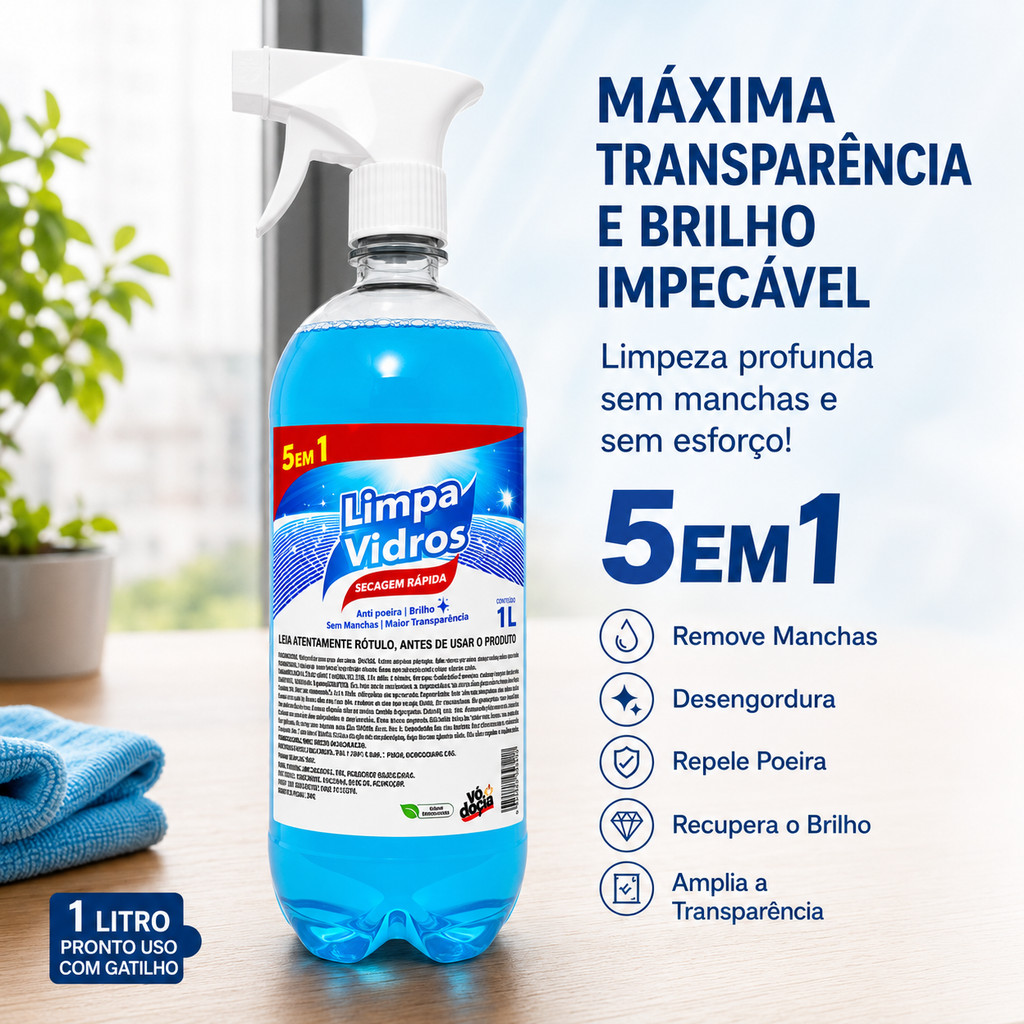 Limpa Vidros 5 em 1 Vodocia 1 Litro com Gatilho Removedor de Manchas Box Banheiro Espelho Automotivo Profissional