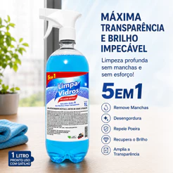 Limpa Vidros 5 em 1 Vodocia 1 Litro com Gatilho Removedor de Manchas Box Banheiro Espelho Automotivo Profissional