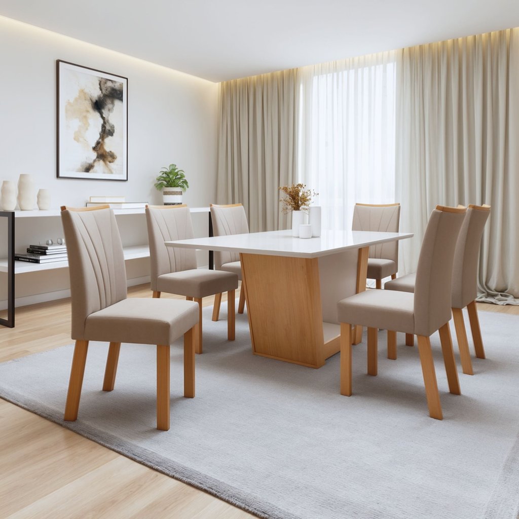 Conjunto Sala de Jantar 6 Lugares Retangular Tampo Vidro/MDF Mesa e Cadeiras Apogeu Amêndoa Clean/Off White/Naturale