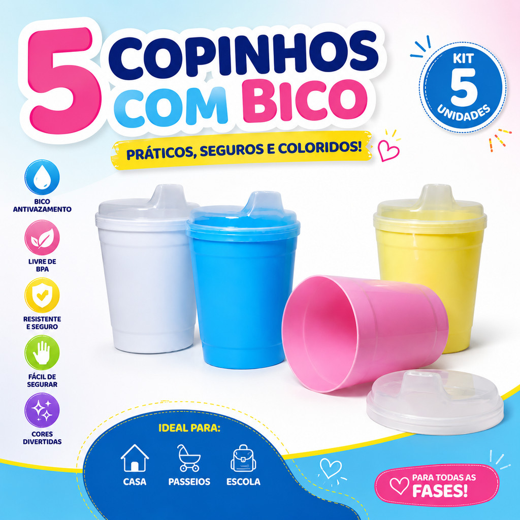 Kit 5 Copinhos 250 ml com Bico Antivazamento Infantil Livre BPA Coloridos para Bebê e Criança Transição