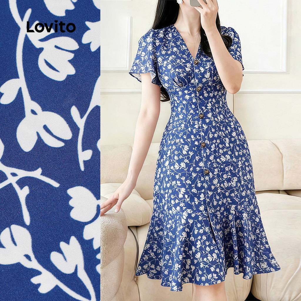 Lovito Vestido Boho Frente de Botões Zíper Azul Primavera/verão para Mulheres L1