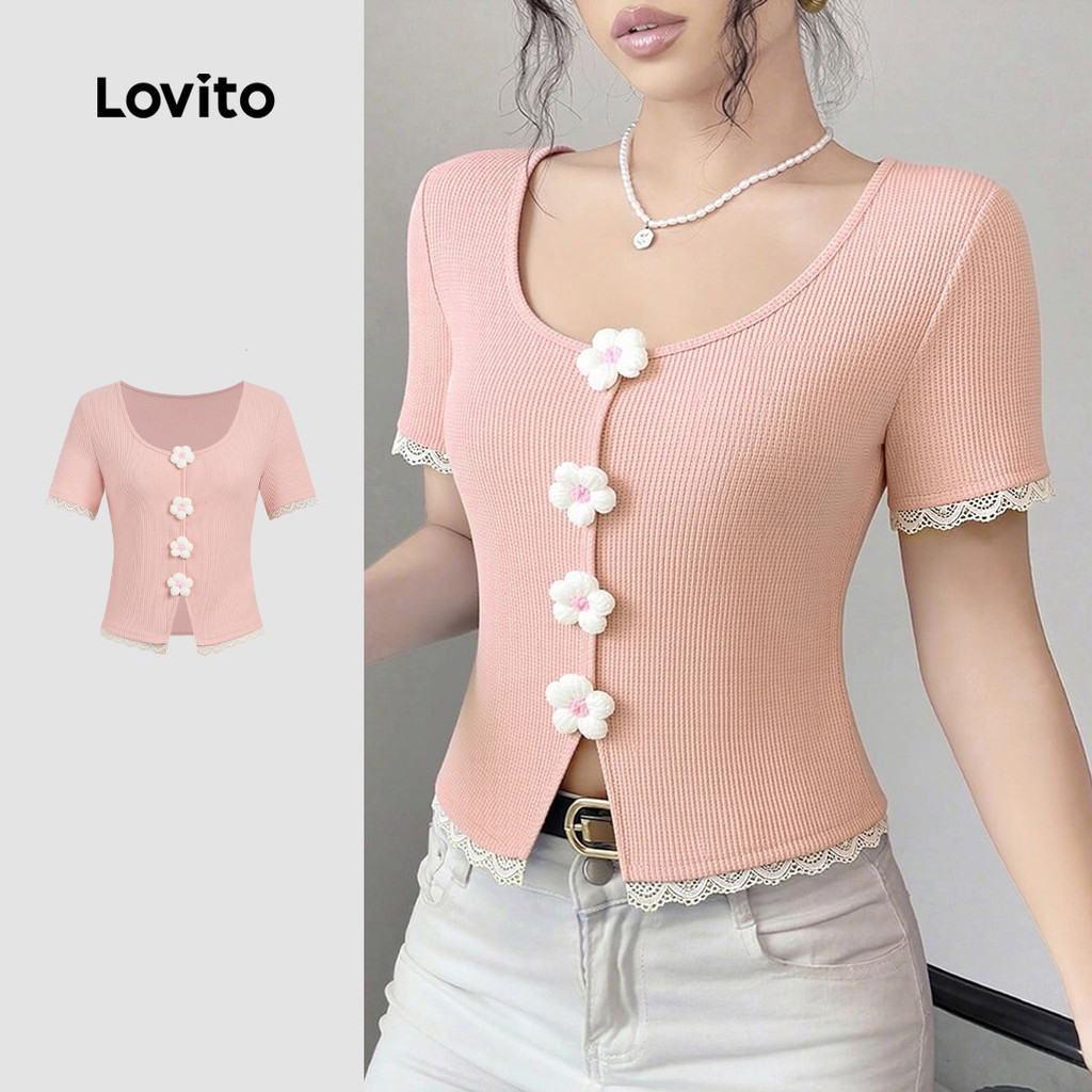Lovito Camiseta Casual com apliques de textura primavera/verão rosa para mulheres LK3AD324